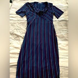 Zara, size large s/s midi dress. Navy blue, with red, white and lt blue stripes